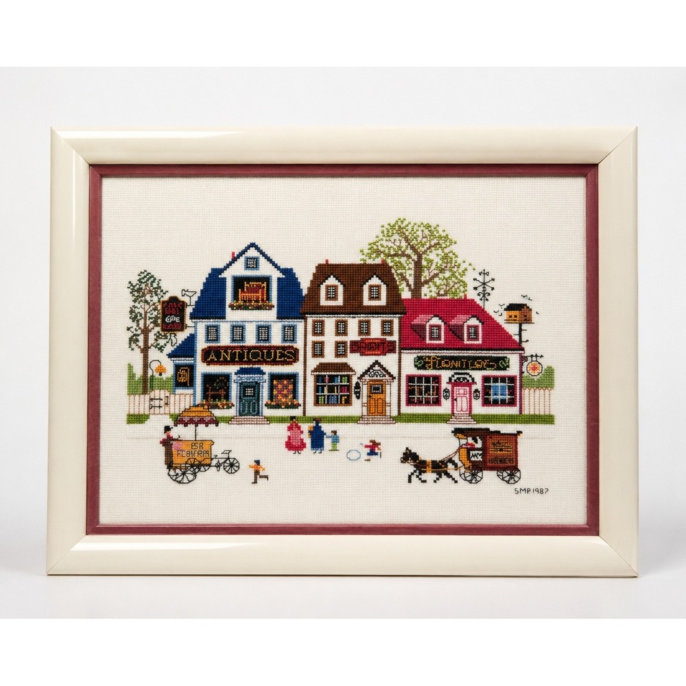 Charles Wysocki Framed Needlepoint Cross‎ Stitch Americana Folk Art Vintage